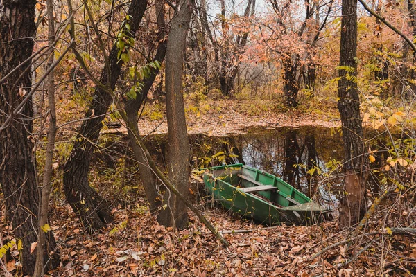 abandoned boat in the lake in the forest