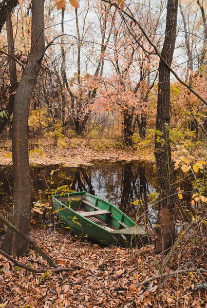 abandoned boat in the lake in the forest