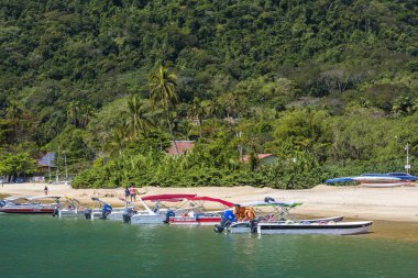 Taksi tekneler Ilha Grande tropikal plaj kıyısında