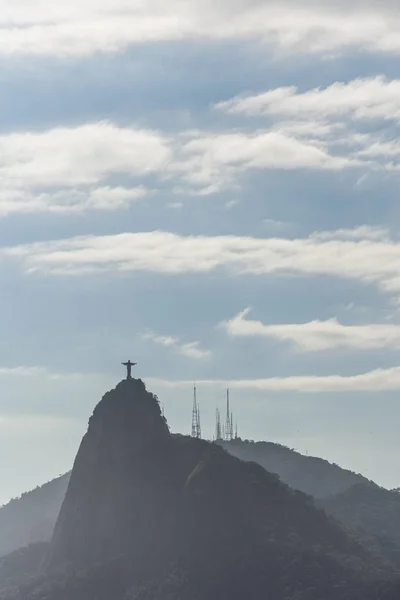 Estátua Cristo Redentor Morro Corcovado Visto Morro Urca Próximo Pao — Fotografia de Stock