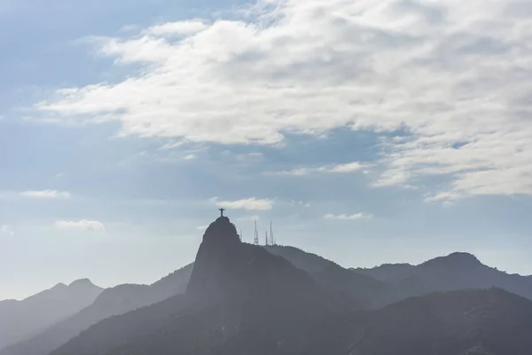 Estátua Cristo Redentor Morro Corcovado Visto Morro Urca Próximo Pao — Fotografia de Stock