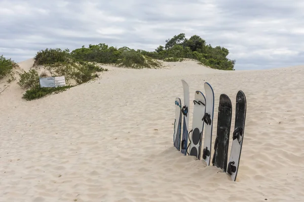 Sand boards on sand dunes in Joaquina Beach, Florianopolis, Santa Catarina Island, South Brazil