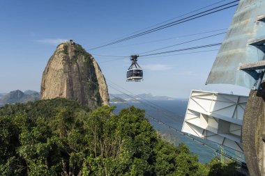 Sugar Loaf Dağı 'nın güzel manzarası ve mavi gökyüzü olan teleferik Rio de Janeiro, Brezilya