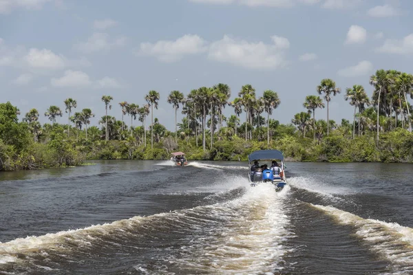 Motorcsónak Turistákkal Vad Preguia Folyón Lenis Maranhenses Közelében Maranho Brazília — Stock Fotó