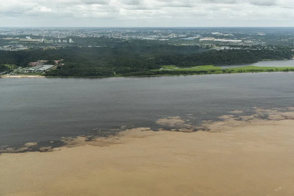 Aerial View Meeting Muddy Dark Waters Amazon River Amazonas Brazil — Stock Photo, Image