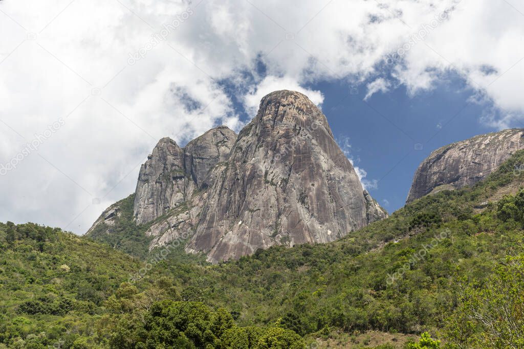 Beautiful landscape of rocky mountain peak with green rainforest in Tres Pcos, Rio de Janeiro, Brazil