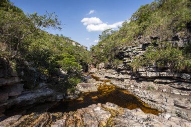 Cerrado manzarasında koyu suları olan güzel doğal nehir, Chapada Diamantina, Bahia, Brezilya