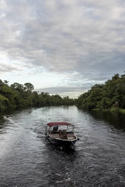 Típica Selva Amazónica Paisaje Fluvial Con Bote Pequeño Cerca Del — Foto de Stock