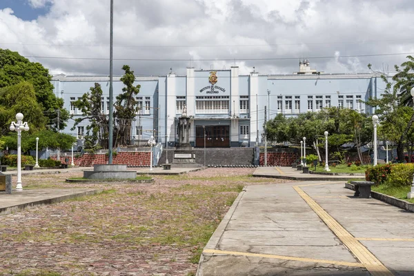 View to blue building of educational institute in central Manaus, Amazonas, Brazil