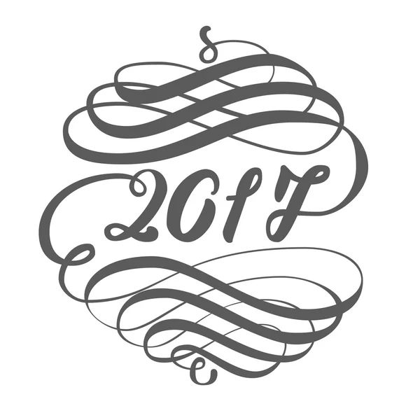 Modello di design del biglietto di auguri con elementi di calligrafia per il 2017 Capodanno del Gallo. Lettere disegnate a mano su sfondo grunge sottile vintage. Illustrazione vettoriale — Vettoriale Stock