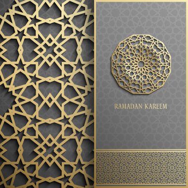 Ramazan Kareem tebrik kartı, davet İslam tarzı. Arapça daire altın desen. Siyah, broşür üzerinde altın süsleme