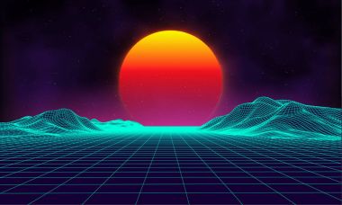 Retro arka plan fütüristik manzara 1980'lerin tarzı. Dijital retro manzara cyber yüzey. Retro müzik albüm kapak şablonu: Güneş, uzay, dağlar. 80s retro Sci-Fi arka plan yaz manzara.