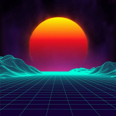 Retro arka plan fütüristik manzara 1980'lerin tarzı. Dijital retro manzara cyber yüzey. Retro müzik albüm kapak şablonu: Güneş, uzay, dağlar. 80s retro Sci-Fi arka plan yaz manzara.