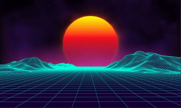 Retro background futuristic landscape 1980s style. Digital retro landscape cyber surface. Retro music album cover template : sun, space, mountains . 80s Retro Sci-Fi Background Summer Landscape. — Stock Vector