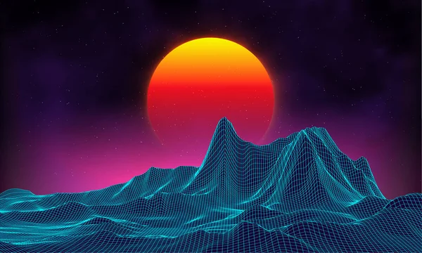 Fond rétro style paysage futuriste des années 1980. Paysage numérique rétro cyber surface. Modèle de pochette d'album de musique rétro : soleil, espace, montagnes. 80 ans Rétro Science-fiction Fond Paysage d'été . — Image vectorielle