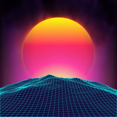 Retro arka plan fütüristik manzara 1980'lerin tarzı. Dijital retro manzara cyber yüzey. Retro müzik albüm kapak şablonu: Güneş, uzay, dağlar. 80s retro Sci-Fi arka plan yaz manzara.