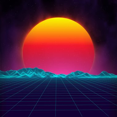 Retro arka plan fütüristik manzara 1980'lerin tarzı. Dijital retro manzara cyber yüzey. Retro müzik albüm kapak şablonu: Güneş, uzay, dağlar. 80s retro Sci-Fi arka plan yaz manzara.