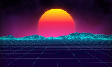 Retro arka plan fütüristik manzara 1980'lerin tarzı. Dijital retro manzara cyber yüzey. Retro müzik albüm kapak şablonu: Güneş, uzay, dağlar. 80s retro Sci-Fi arka plan yaz manzara.