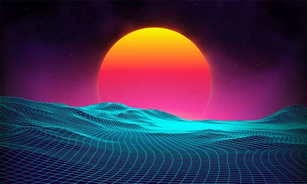 Fondo retro paisaje futurista estilo de los años 80. Superficie cibernética digital de paisaje retro. Plantilla de portada de álbum de música retro: sol, espacio, montañas. 80s Retro Sci-Fi fondo paisaje de verano . — Vector de stock