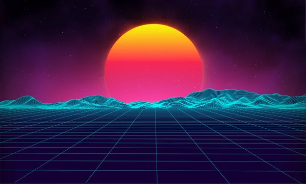 레트로 배경 미래 프리 1980 년대 스타일입니다. 디지털 복고풍 프리 사이버 표면입니다. 복고풍 음악 앨범 표지 템플릿: 태양, 공간, 산. 80 년대 복고풍 공상 과학 여름 풍경 배경. — 스톡 벡터
