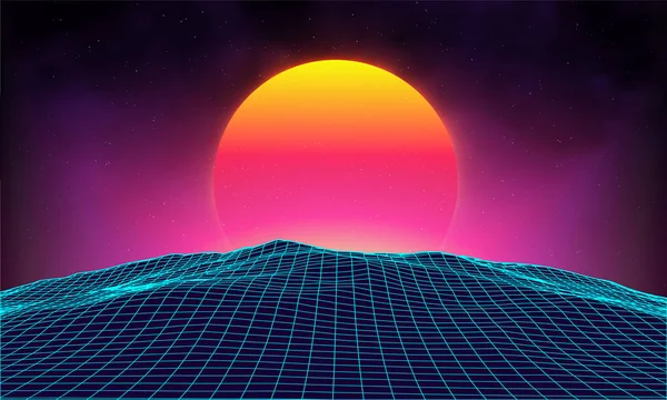 레트로 배경 미래 프리 1980 년대 스타일입니다. 디지털 복고풍 프리 사이버 표면입니다. 복고풍 음악 앨범 표지 템플릿: 태양, 공간, 산. 80 년대 복고풍 공상 과학 여름 풍경 배경. — 스톡 벡터
