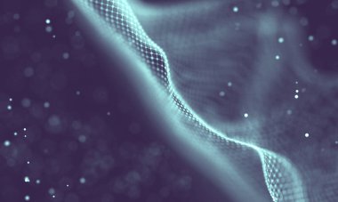 Veri teknolojisi soyut gelecek çizimi. Karanlık arka planda noktaları ve çizgileri birleştiren düşük polimerli bir şekil. 3 boyutlu görüntüleme. Büyük veri görselleştirmesi .