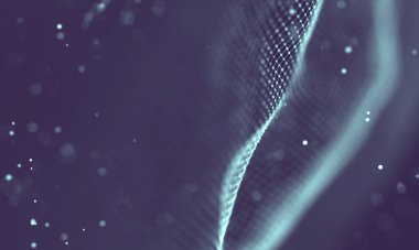 Veri teknolojisi soyut gelecek çizimi. Karanlık arka planda noktaları ve çizgileri birleştiren düşük polimerli bir şekil. 3 boyutlu görüntüleme. Büyük veri görselleştirmesi .