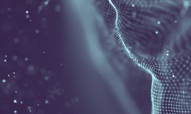 Veri teknolojisi soyut gelecek çizimi. Karanlık arka planda noktaları ve çizgileri birleştiren düşük polimerli bir şekil. 3 boyutlu görüntüleme. Büyük veri görselleştirmesi .