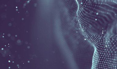 Veri teknolojisi soyut gelecek çizimi. Karanlık arka planda noktaları ve çizgileri birleştiren düşük polimerli bir şekil. 3 boyutlu görüntüleme. Büyük veri görselleştirmesi .