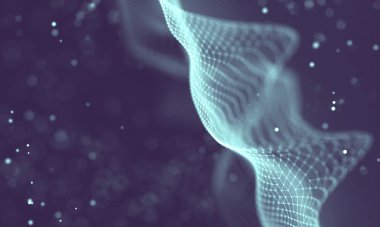 Veri teknolojisi soyut gelecek çizimi. Karanlık arka planda noktaları ve çizgileri birleştiren düşük polimerli bir şekil. 3 boyutlu görüntüleme. Büyük veri görselleştirmesi .