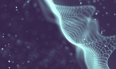 Veri teknolojisi soyut gelecek çizimi. Karanlık arka planda noktaları ve çizgileri birleştiren düşük polimerli bir şekil. 3 boyutlu görüntüleme. Büyük veri görselleştirmesi .