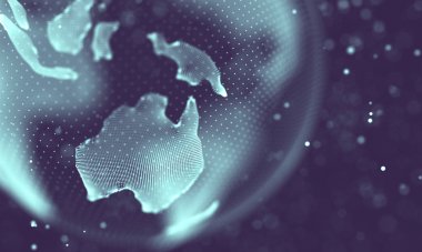 Veri teknolojisi soyut gelecek çizimi. Karanlık arka planda noktaları ve çizgileri birleştiren düşük polimerli bir şekil. 3 boyutlu görüntüleme. Büyük veri görselleştirmesi .