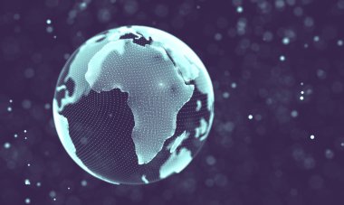 Veri teknolojisi soyut gelecek çizimi. Karanlık arka planda noktaları ve çizgileri birleştiren düşük polimerli bir şekil. 3 boyutlu görüntüleme. Büyük veri görselleştirmesi .