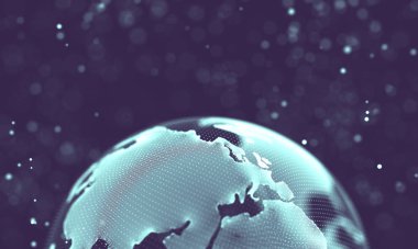 Veri teknolojisi soyut gelecek çizimi. Karanlık arka planda noktaları ve çizgileri birleştiren düşük polimerli bir şekil. 3 boyutlu görüntüleme. Büyük veri görselleştirmesi .