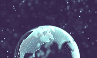 Veri teknolojisi soyut gelecek çizimi. Karanlık arka planda noktaları ve çizgileri birleştiren düşük polimerli bir şekil. 3 boyutlu görüntüleme. Büyük veri görselleştirmesi .