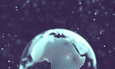 Veri teknolojisi soyut gelecek çizimi. Karanlık arka planda noktaları ve çizgileri birleştiren düşük polimerli bir şekil. 3 boyutlu görüntüleme. Büyük veri görselleştirmesi .