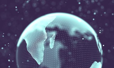 Veri teknolojisi soyut gelecek çizimi. Karanlık arka planda noktaları ve çizgileri birleştiren düşük polimerli bir şekil. 3 boyutlu görüntüleme. Büyük veri görselleştirmesi .