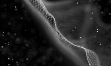 Veri teknolojisi soyut gelecek çizimi. Karanlık arka planda noktaları ve çizgileri birleştiren düşük polimerli bir şekil. 3 boyutlu görüntüleme. Büyük veri görselleştirmesi .