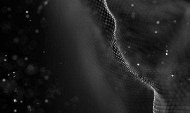 Veri teknolojisi soyut gelecek çizimi. Karanlık arka planda noktaları ve çizgileri birleştiren düşük polimerli bir şekil. 3 boyutlu görüntüleme. Büyük veri görselleştirmesi .