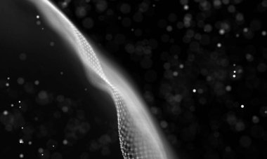 Veri teknolojisi soyut gelecek çizimi. Karanlık arka planda noktaları ve çizgileri birleştiren düşük polimerli bir şekil. 3 boyutlu görüntüleme. Büyük veri görselleştirmesi .