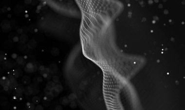 Veri teknolojisi soyut gelecek çizimi. Karanlık arka planda noktaları ve çizgileri birleştiren düşük polimerli bir şekil. 3 boyutlu görüntüleme. Büyük veri görselleştirmesi .