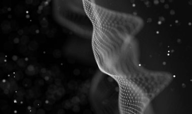 Veri teknolojisi soyut gelecek çizimi. Karanlık arka planda noktaları ve çizgileri birleştiren düşük polimerli bir şekil. 3 boyutlu görüntüleme. Büyük veri görselleştirmesi .