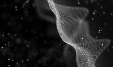 Veri teknolojisi soyut gelecek çizimi. Karanlık arka planda noktaları ve çizgileri birleştiren düşük polimerli bir şekil. 3 boyutlu görüntüleme. Büyük veri görselleştirmesi .