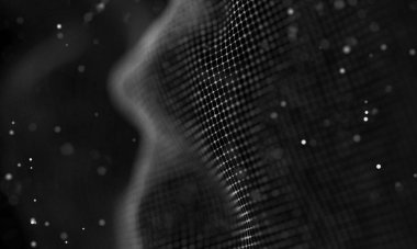 Veri teknolojisi soyut gelecek çizimi. Karanlık arka planda noktaları ve çizgileri birleştiren düşük polimerli bir şekil. 3 boyutlu görüntüleme. Büyük veri görselleştirmesi .