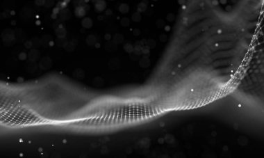 Veri teknolojisi soyut gelecek çizimi. Karanlık arka planda noktaları ve çizgileri birleştiren düşük polimerli bir şekil. 3 boyutlu görüntüleme. Büyük veri görselleştirmesi .