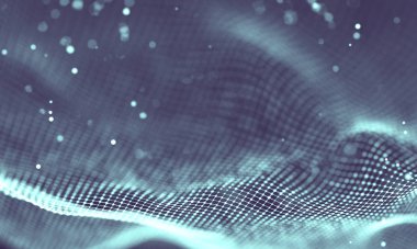 Veri teknolojisi soyut gelecek çizimi. Karanlık arka planda noktaları ve çizgileri birleştiren düşük polimerli bir şekil. 3 boyutlu görüntüleme. Büyük veri görselleştirmesi .