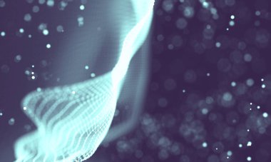 Veri teknolojisi soyut gelecek çizimi. Karanlık arka planda noktaları ve çizgileri birleştiren düşük polimerli bir şekil. 3 boyutlu görüntüleme. Büyük veri görselleştirmesi .