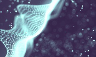 Veri teknolojisi soyut gelecek çizimi. Karanlık arka planda noktaları ve çizgileri birleştiren düşük polimerli bir şekil. 3 boyutlu görüntüleme. Büyük veri görselleştirmesi .