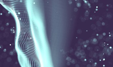 Veri teknolojisi soyut gelecek çizimi. Karanlık arka planda noktaları ve çizgileri birleştiren düşük polimerli bir şekil. 3 boyutlu görüntüleme. Büyük veri görselleştirmesi .