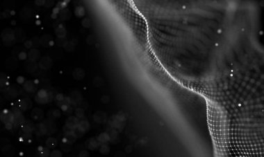 Veri teknolojisi soyut gelecek çizimi. Karanlık arka planda noktaları ve çizgileri birleştiren düşük polimerli bir şekil. 3 boyutlu görüntüleme. Büyük veri görselleştirmesi .